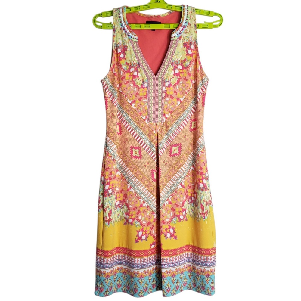 Hale Bob Size XS Beaded Mini Dress Geometric Print Jersey Shift Sleeveless V Nec